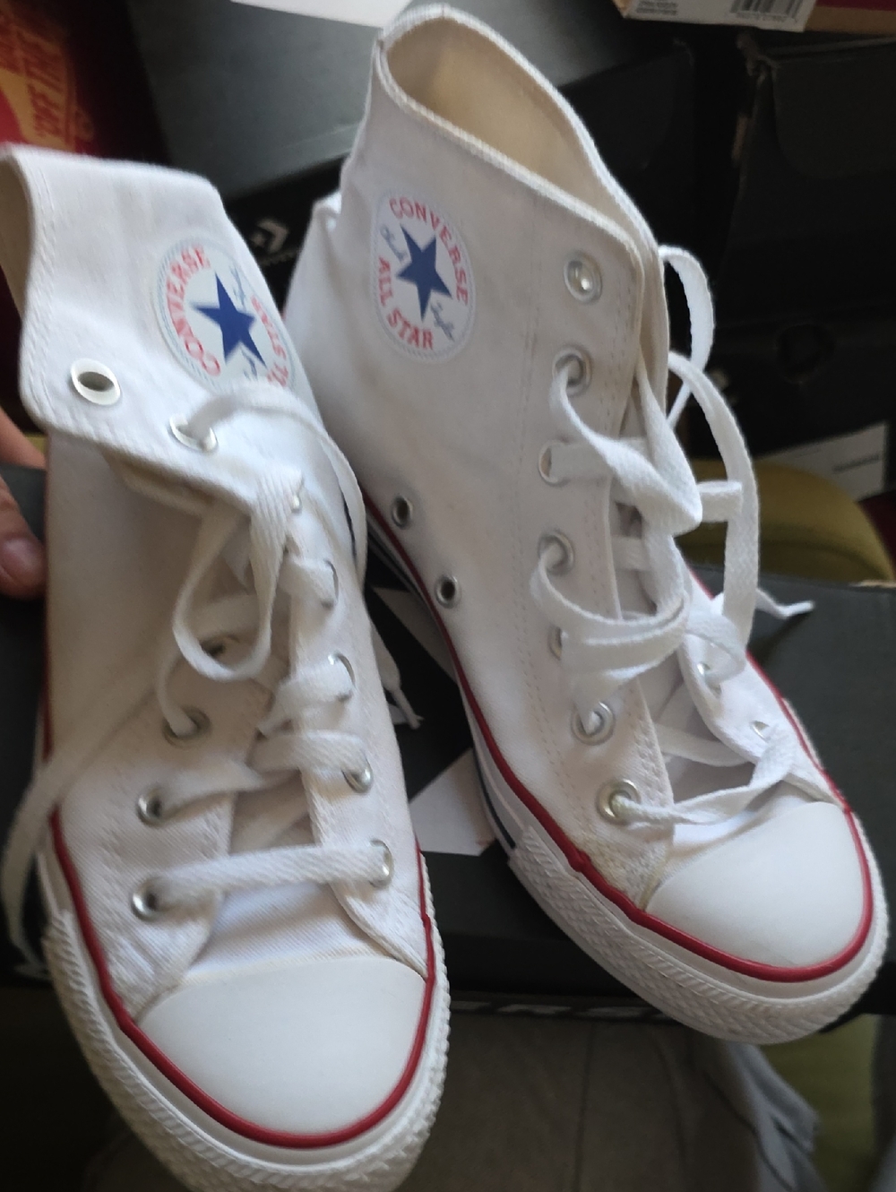 Converse White High Top Sneakers with Red Trim and Blue Star